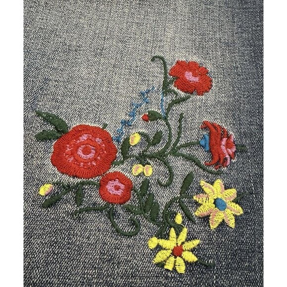 J Crew Floral Embroidered Denim Mini Skirt Raw Hem Fringe Size 2 Boho Y2K - Picture 4 of 7